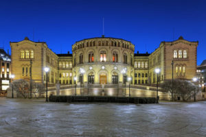norway parliament building oslo night storting seat 85198340