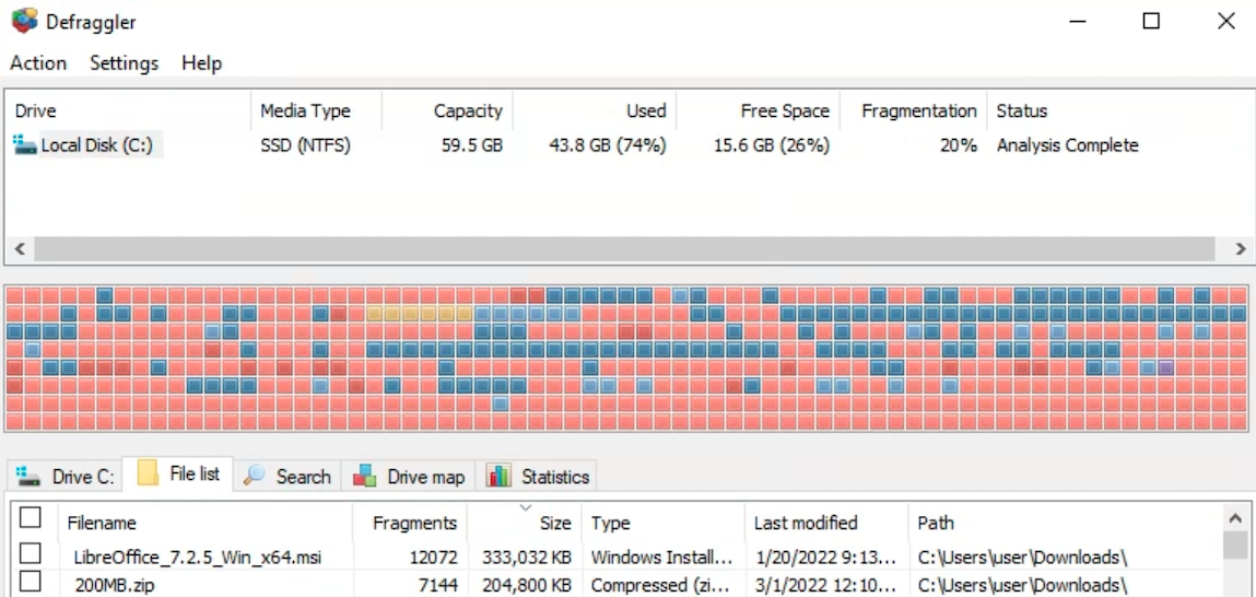 Disk status after fragmentation