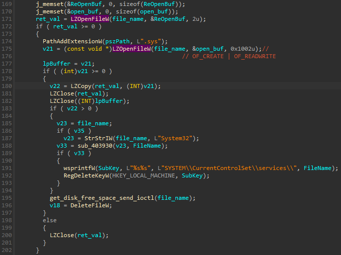 Code responsible of decompress drivers compressed by LZMA algorithm and driver installation