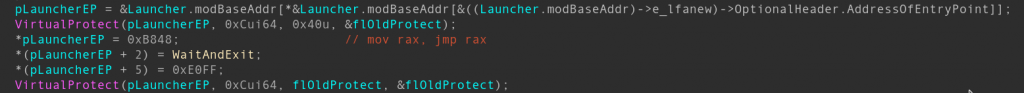 To prevent WerFault continuing its error handling process, the DLL patches the launcher's entry point with typical Blackbone trampolines