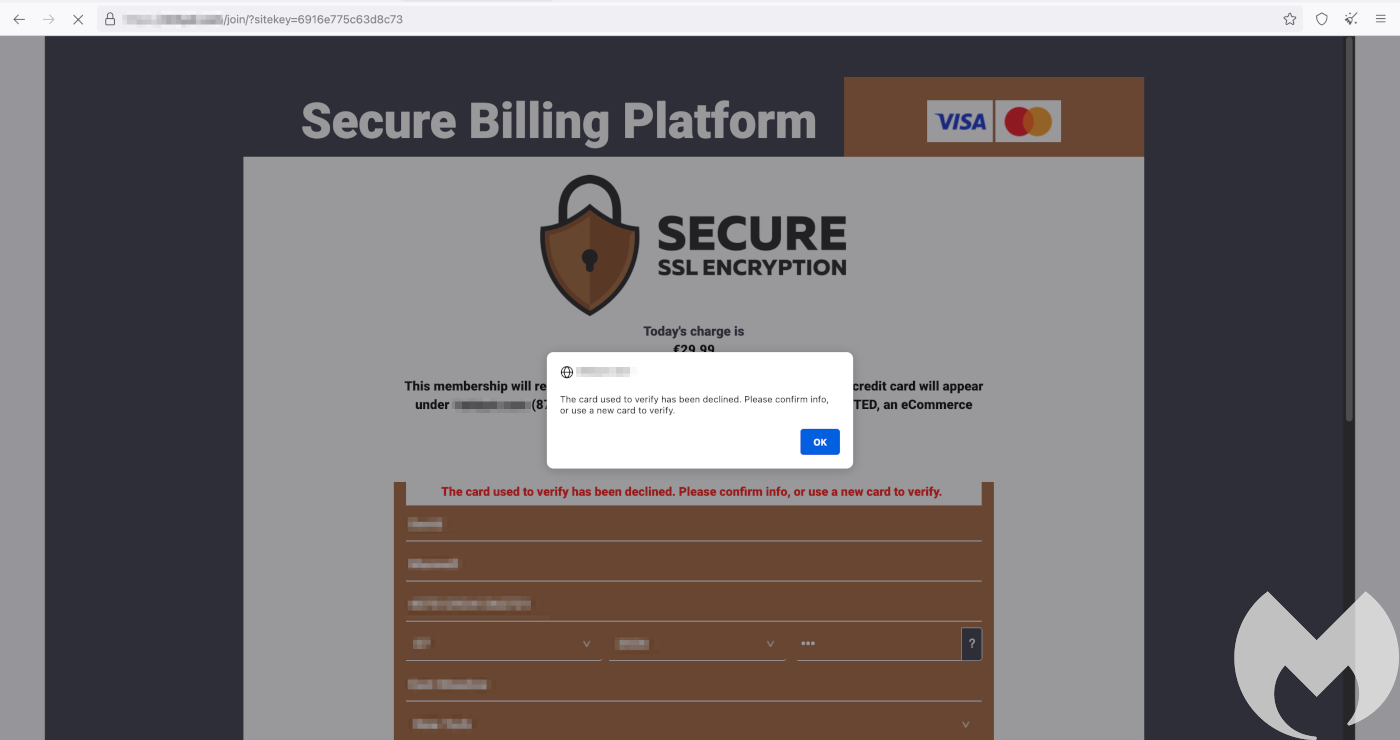 The "Secure Billing Platform" asks for credit card details