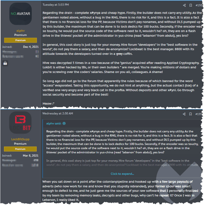 ALPHV and LockBit arguing on a ransomware forum