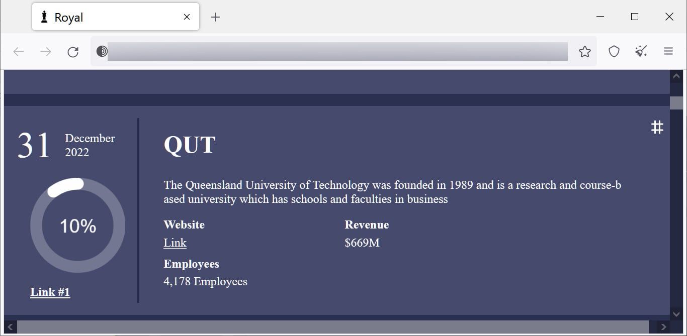 QUT data leak entry on Royal ransomware's site