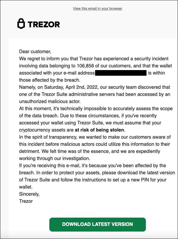 Fake Trezor data breach notification