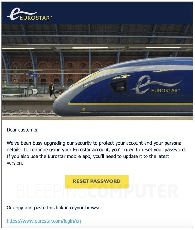 Eurostar password reset email sent February 2023