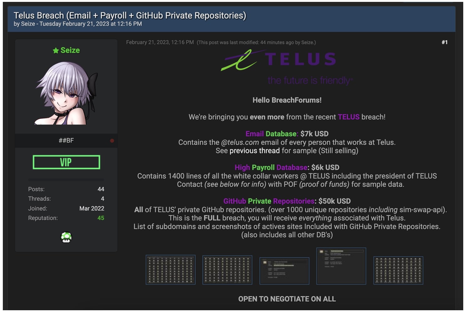 Forum post with TELUS sample data set