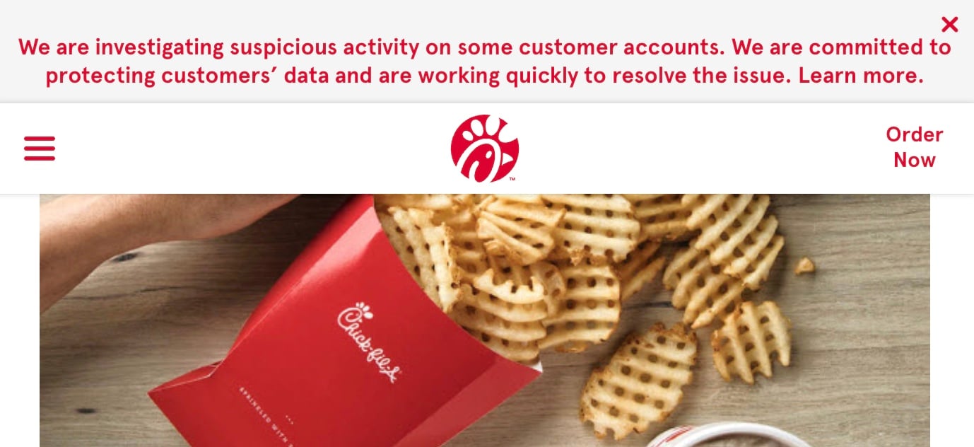 Chick-fil-A alert on website