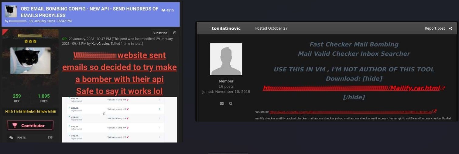 Underground forums posts about email bomber tools