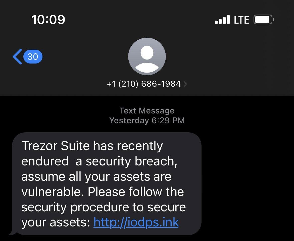 Trezor phishing delivered via SMS