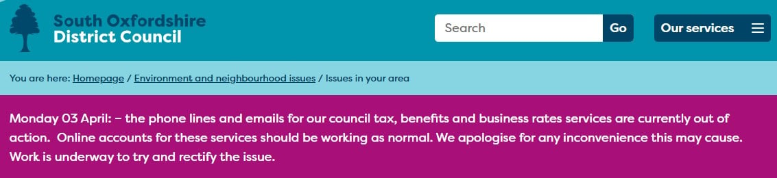 Outage notice on the South Oxfordshire website