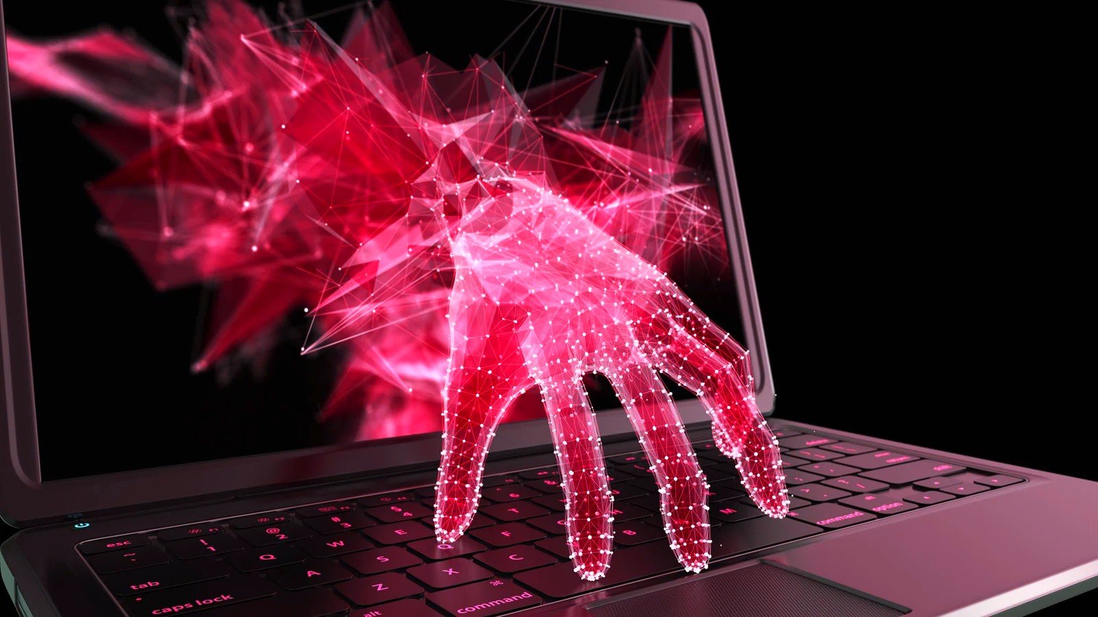 Hand reaching through laptop screen to steal data