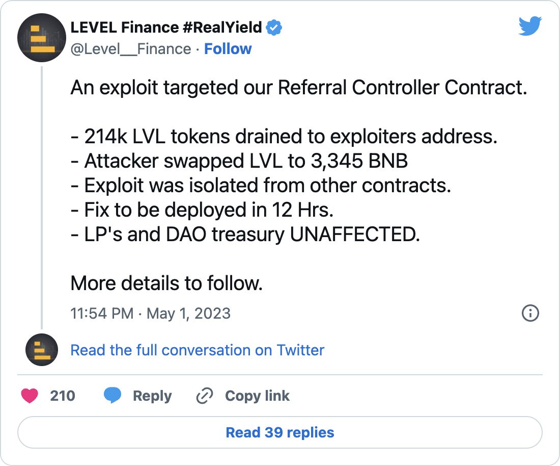 Level Finance tweet