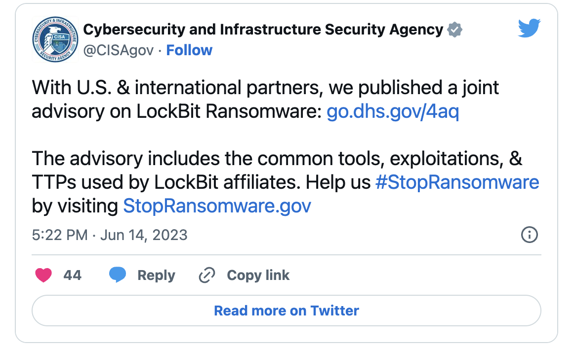 CISA LockBit Tweet