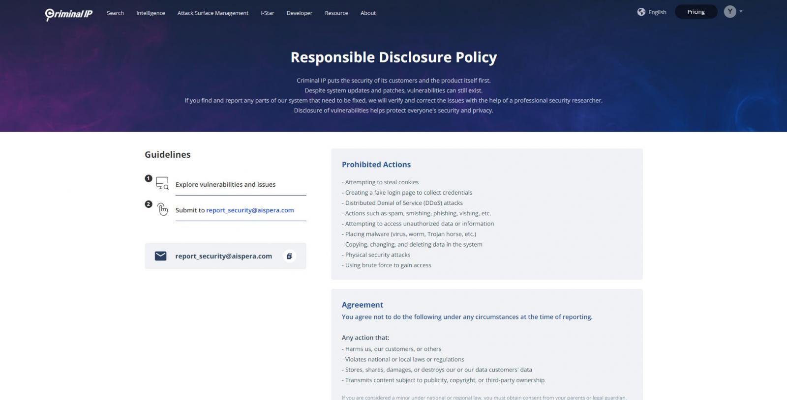 Responsible Disclosure Policy Page of Criminal IP’s Bug Bounty Program