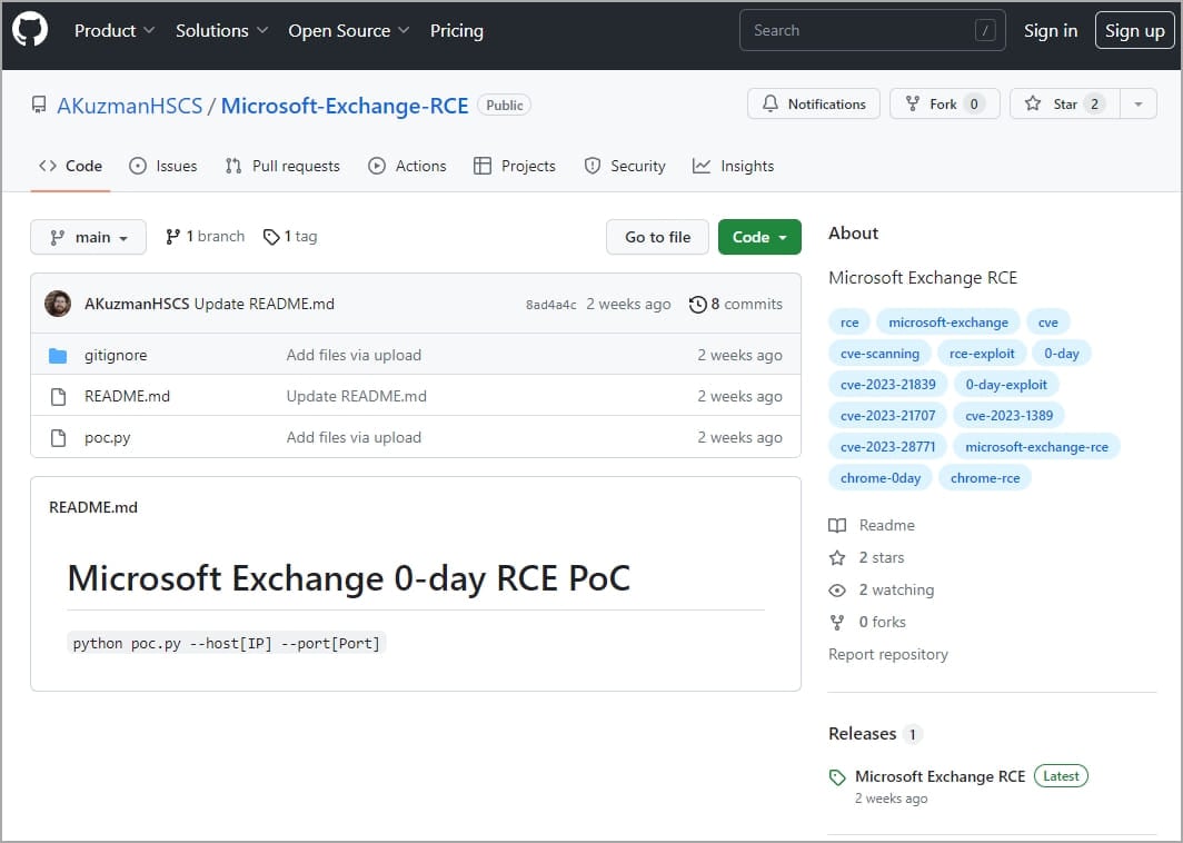 Malicious repository promoting a fake MS Exchange PoC