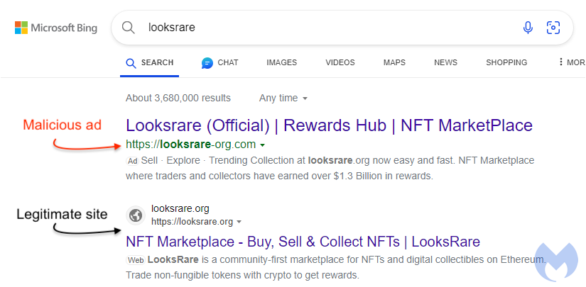 Bing search for looksrare