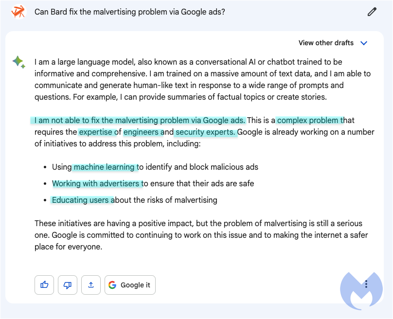 Asking Bard if it can fix malvertising