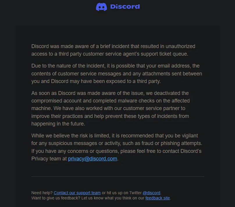 Discord breach notification letter