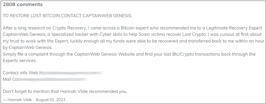 Comment promoting fake crypto recovery services