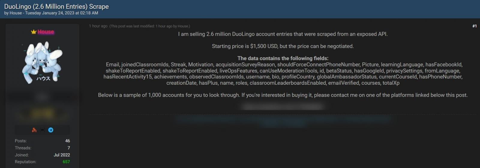 Scraped Duolingo data for sale on a hacking forum