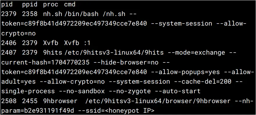 Processes ran by the 9hits container