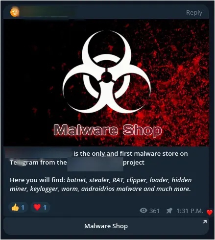 Screenshot from Telegram of a malware store