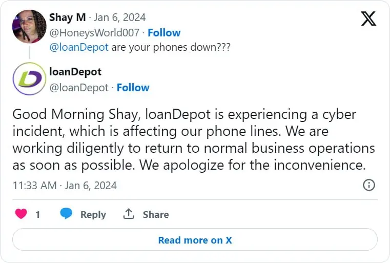 loanDepot's response on X