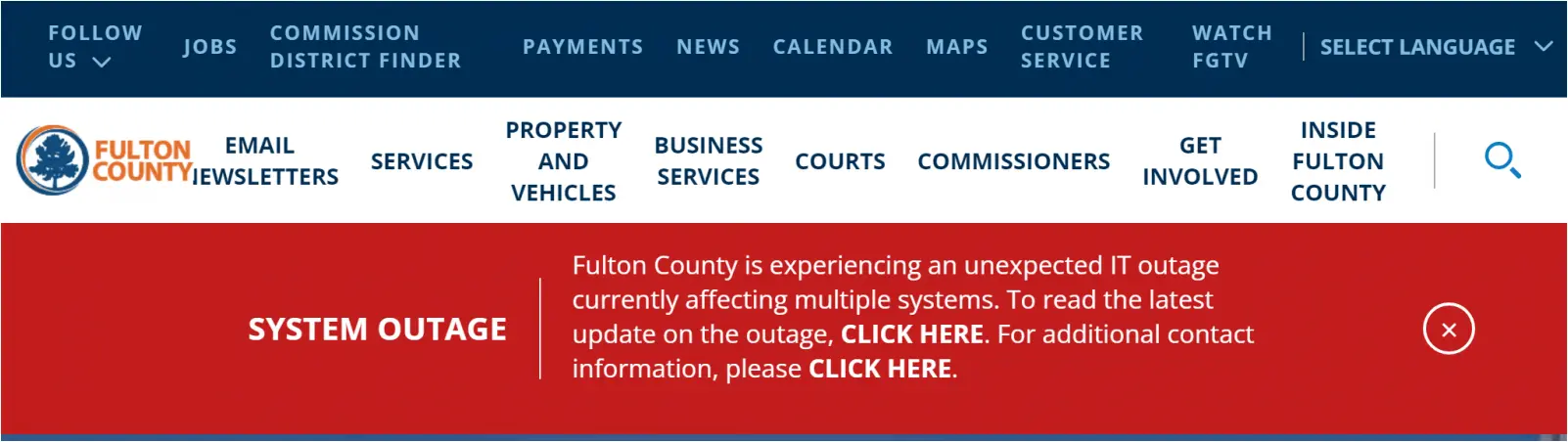 Fulton County shows "system outage" alert, three weeks after cyberattack