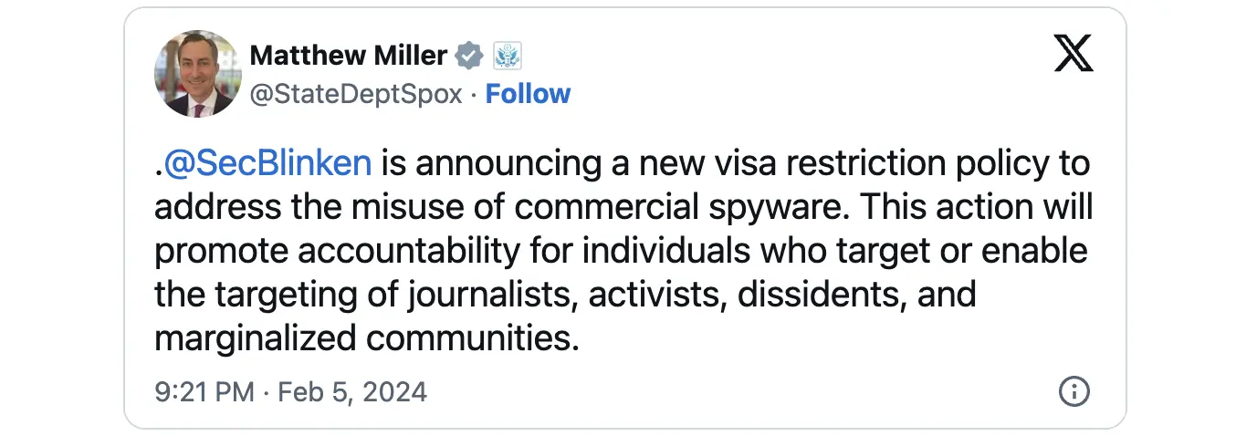 US spyware visa ban