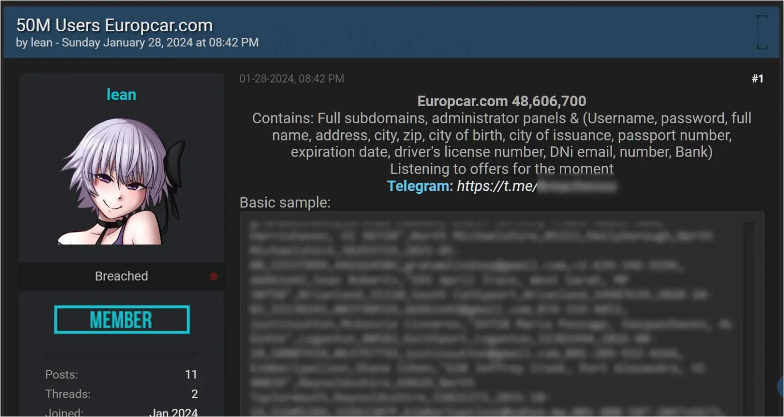 Hacking forum post selling alleged data from Europcar