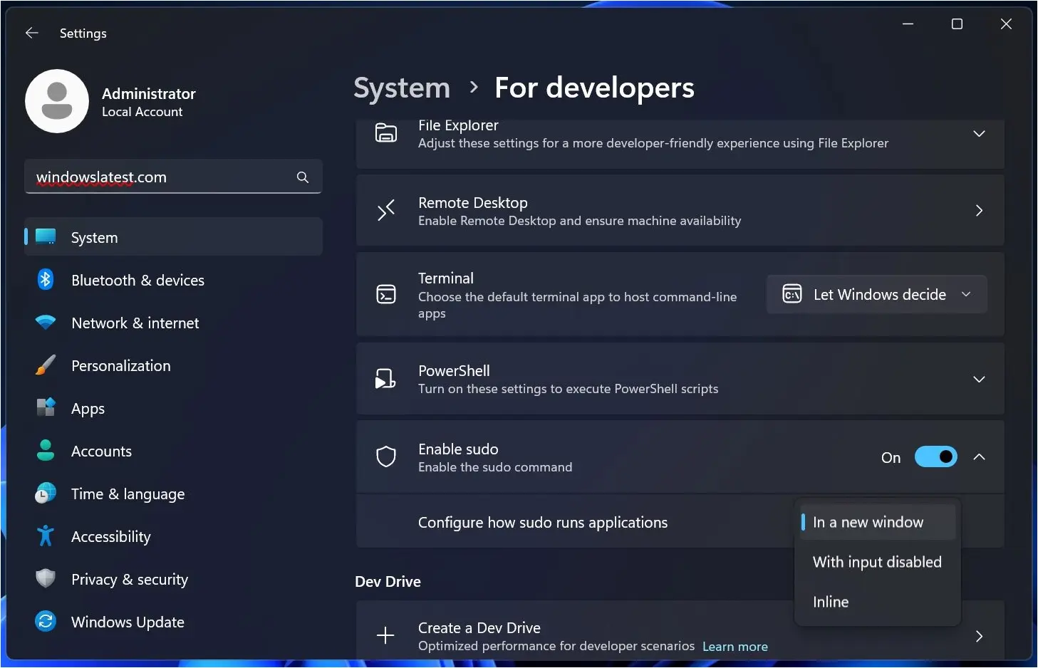 New sudo settings in Windows Server 2025 preview build