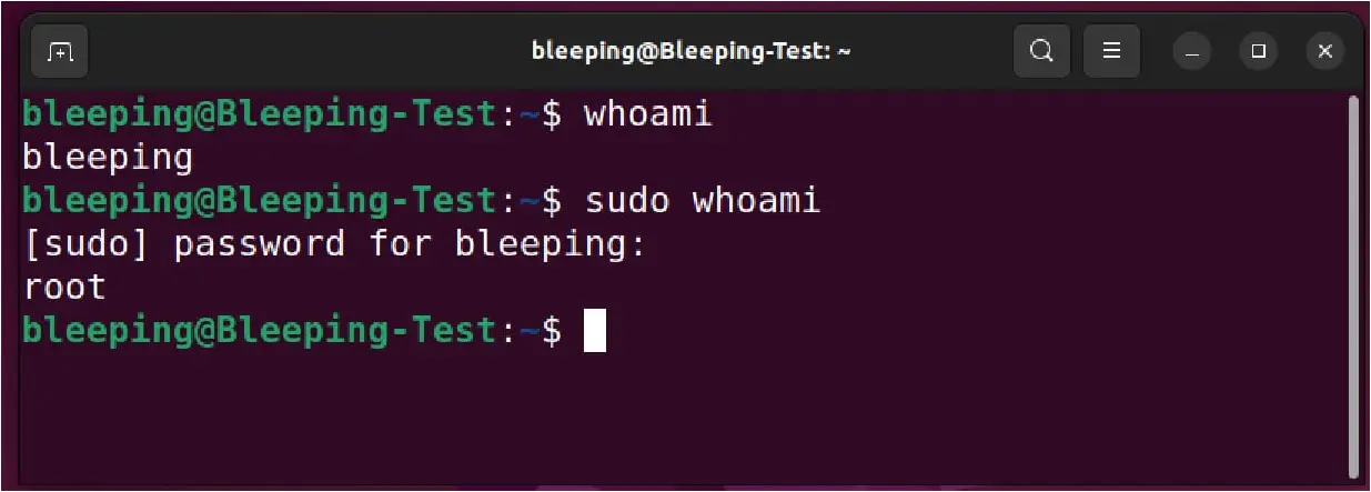 Demonstrating the sudo command using whoami